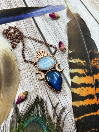 Crescent Moon Necklace with Blue Labradorite & Rainbow Moonstone, made from Copper