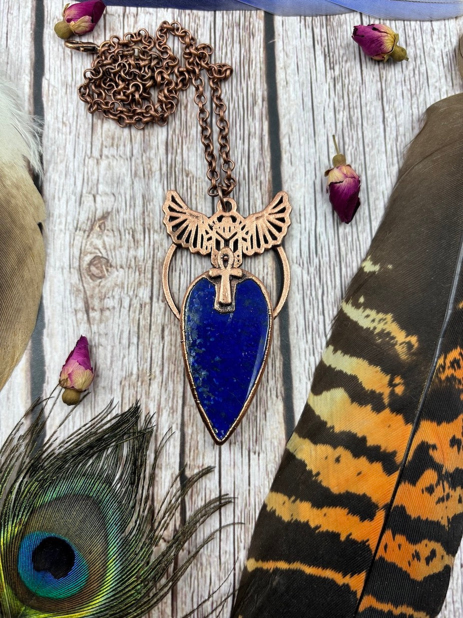 Egyptian scarab Copper Pendant with a small ankh and tear drop lapis lazuli, electroformed