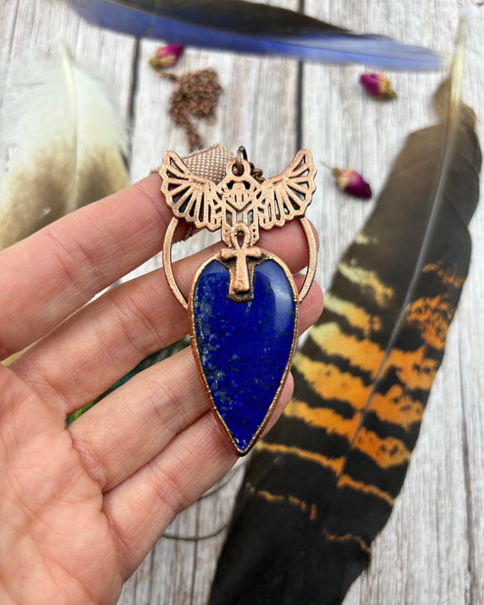 Egyptian scarab Copper Pendant with a small ankh and tear drop lapis lazuli, electroformed