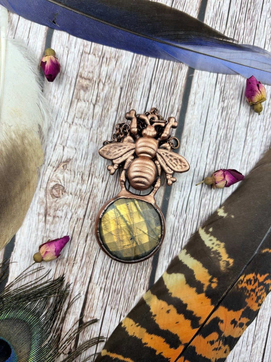 Bumble Bee Pendant with Round Faceted Labradorite - Electroformed