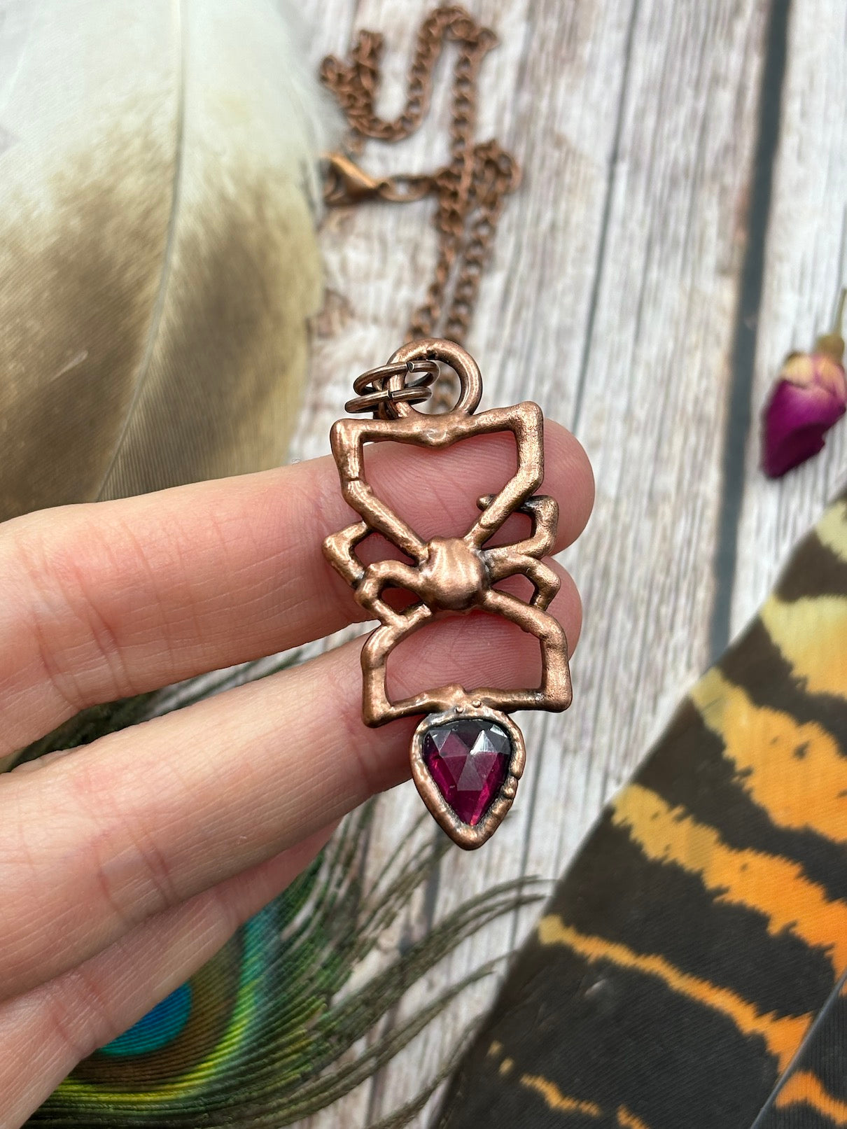 REAL Red Back Spider Necklace with Faceted Garnet - copper electroformed