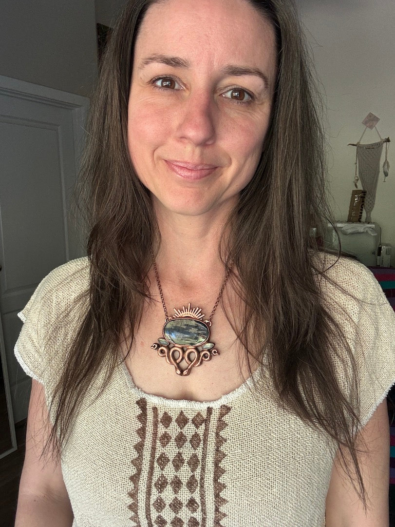 Double Snake Necklace with Hypersthene & Rainbow Moonstone - Copper Electroformed