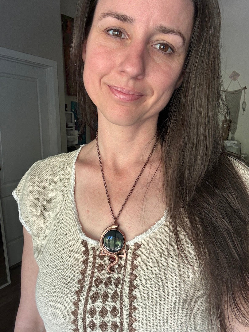 Snake Necklace with Black Tourmaline & Carnelian- Copper Electroformed