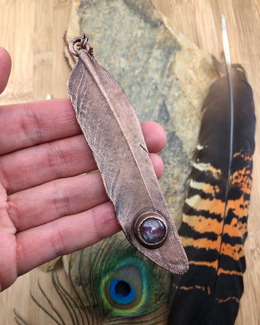 Real feather necklace with a ruby gemstone, made from copper, electroformed