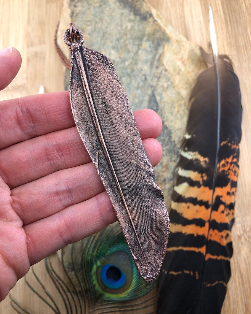 REAL Feather Necklace with Ruby - Copper Electroformed