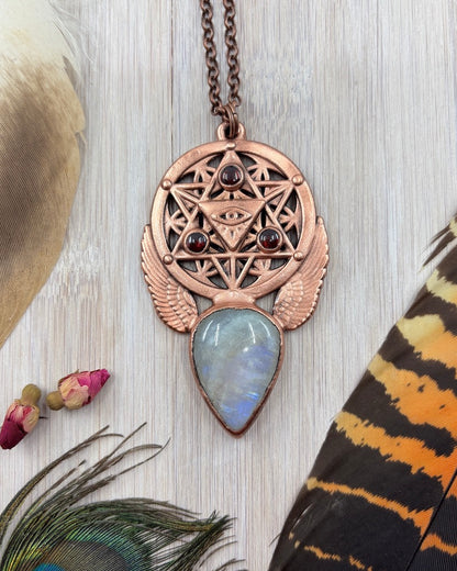 Rainbow Moonstone & Garnet Merkaba / Eye Copper Pendant