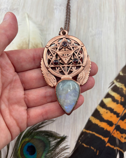 Rainbow Moonstone & Garnet Merkaba / Eye Copper Pendant