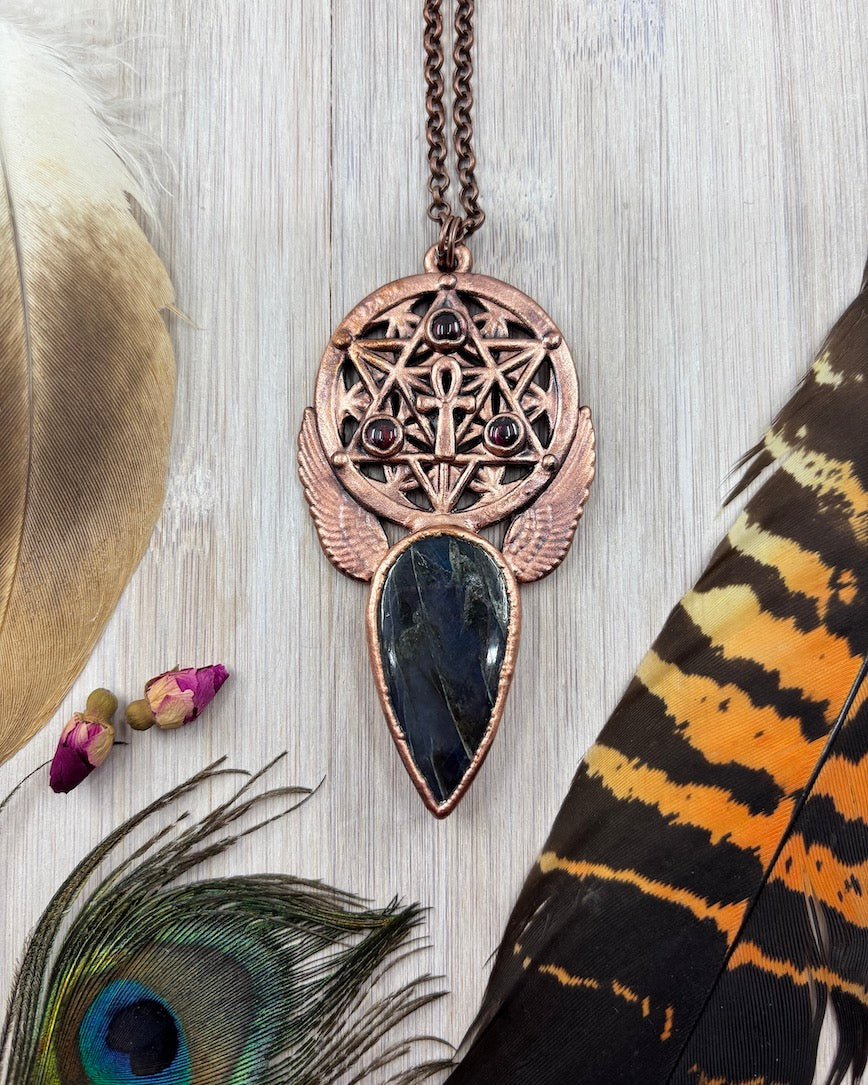 Blue Labradorite & Garnet Merkaba / Ankh Copper Pendant