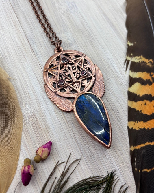 Blue Labradorite & Garnet Merkaba / Ankh Copper Pendant