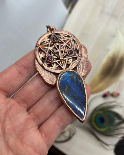 Blue Labradorite & Garnet Merkaba / Ankh Copper Pendant