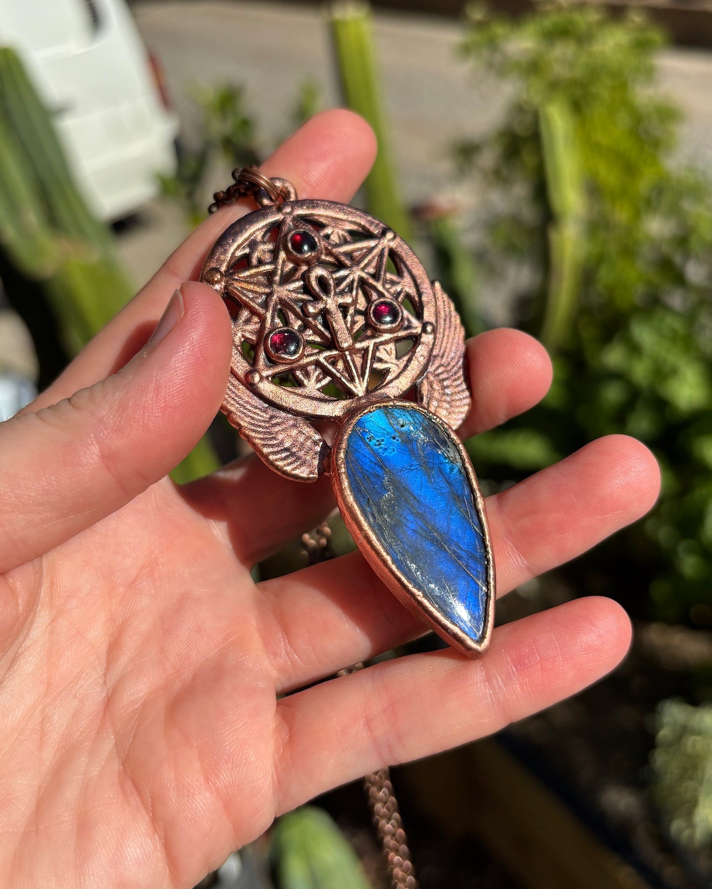 Blue Labradorite & Garnet Merkaba / Ankh Copper Pendant