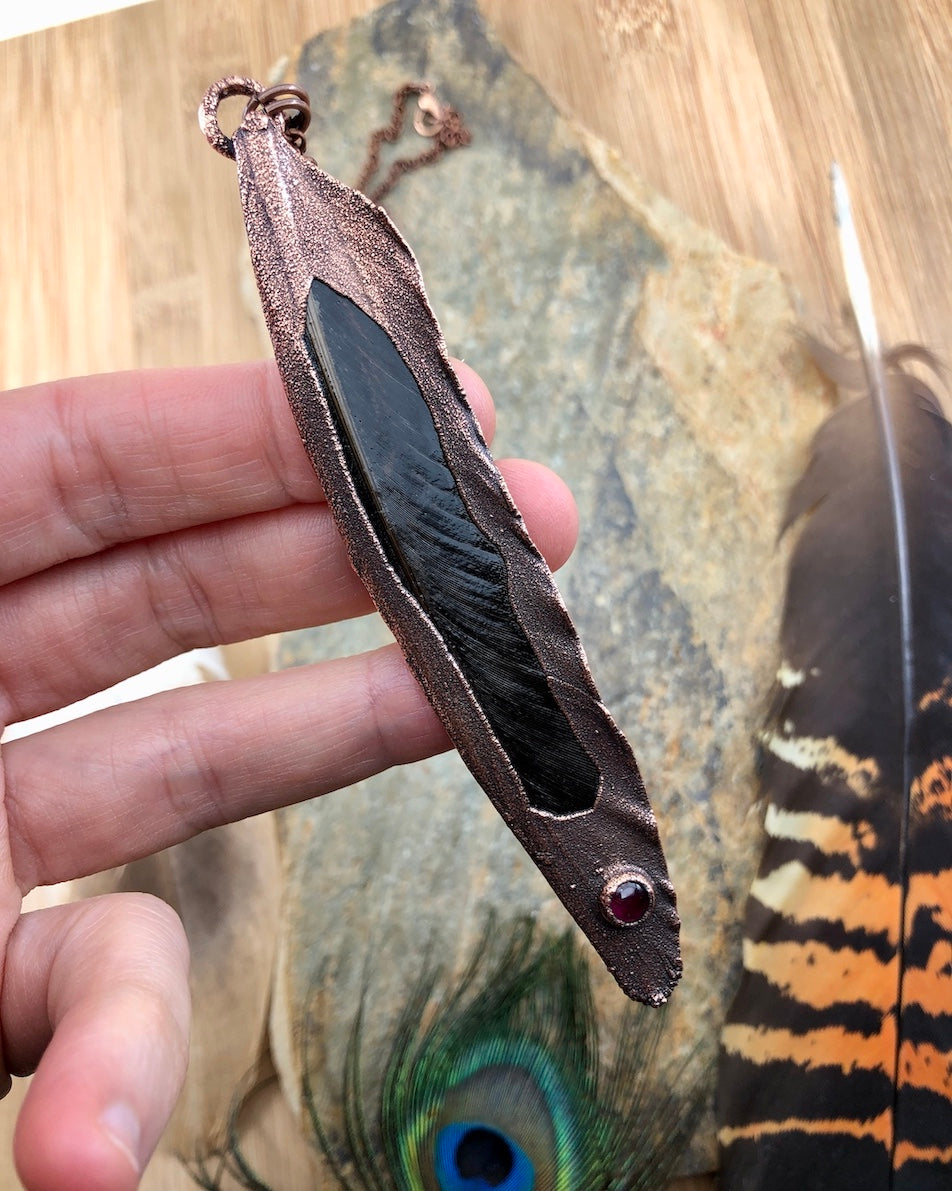 REAL Feather Necklace with Garnet - Copper Electroformed