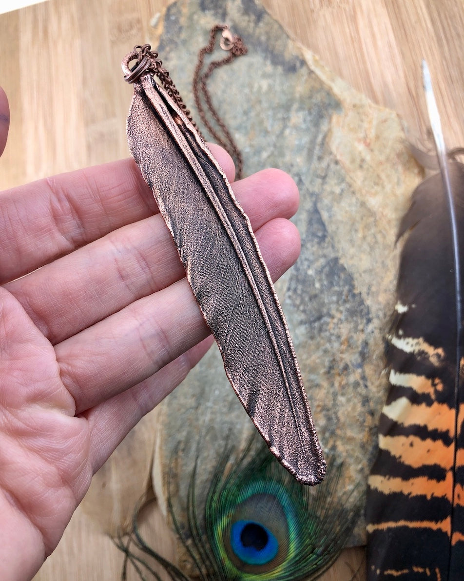 REAL Feather Necklace with Garnet - Copper Electroformed