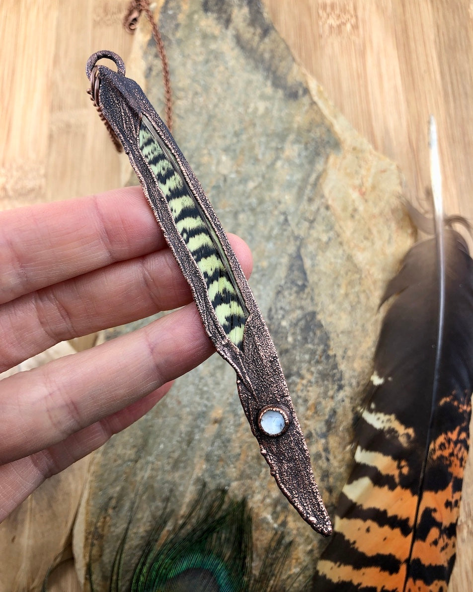 Real feather necklace with a rainbow moonstone gemstone, made from copper, electroformed