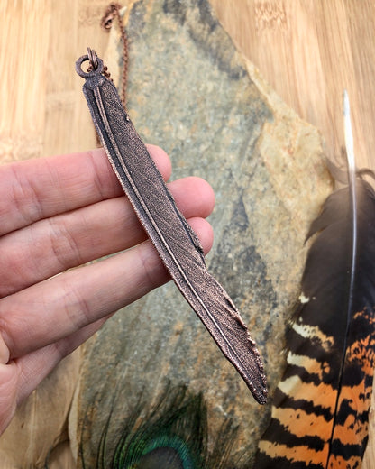 REAL Feather Necklace with Rainbow Moonstone - Copper Electroformed