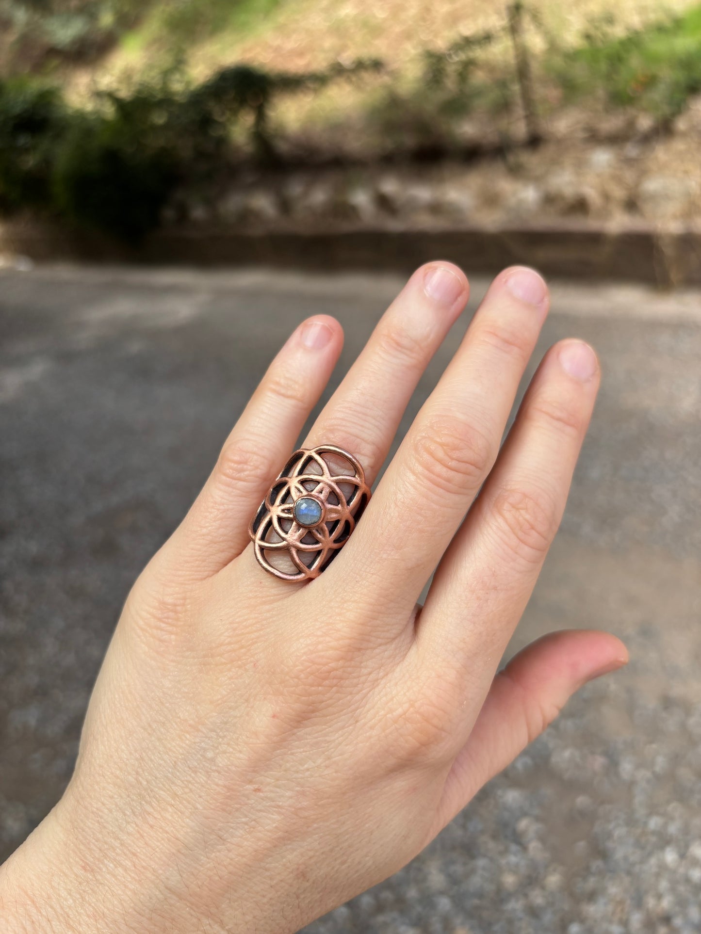 Seed Of Life Rainbow Moonstone Copper Ring