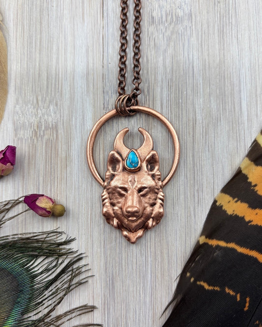 Kingman Turquoise Wolf Pendant - Copper Electroformed