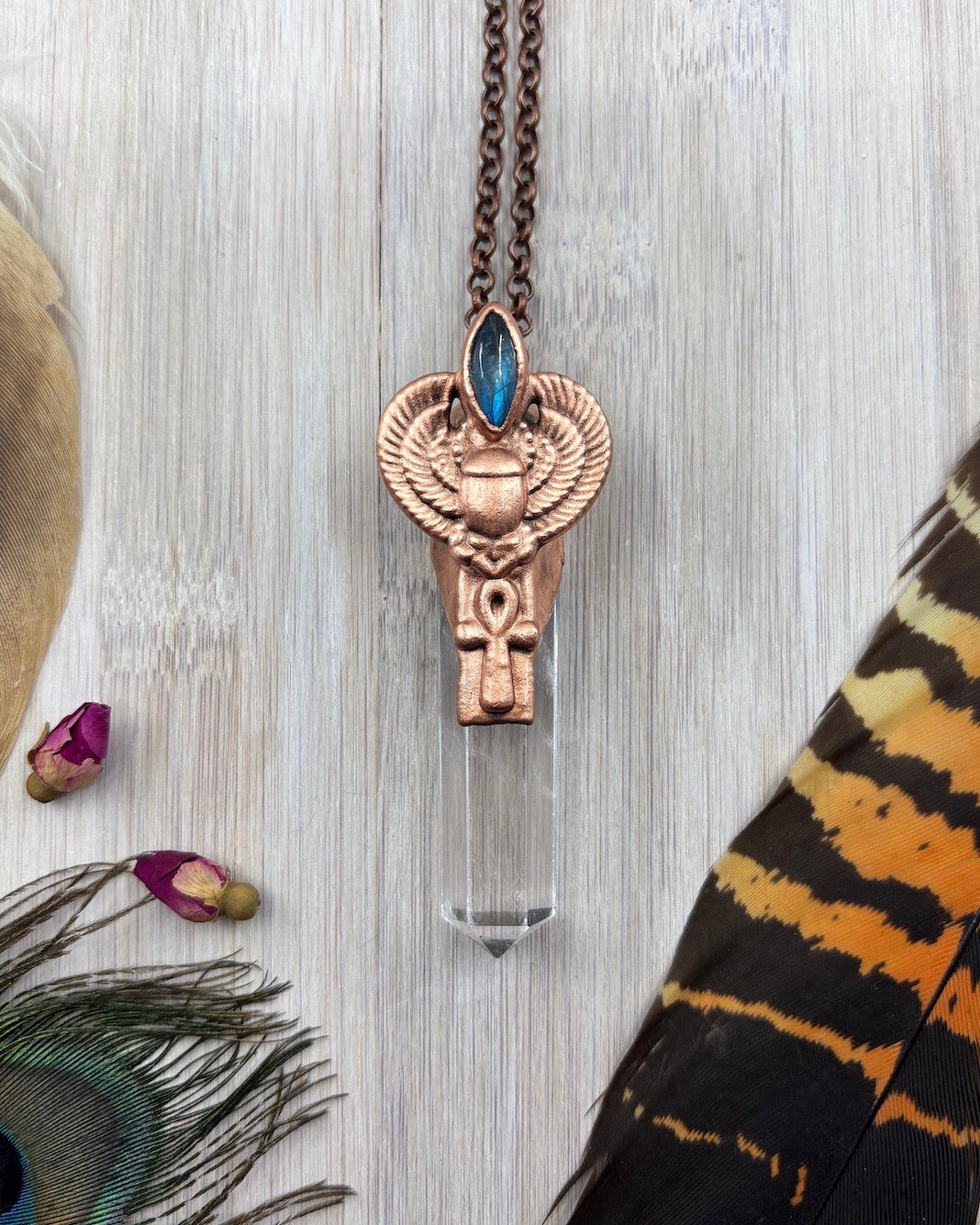 Egyptian Scarab / Ankh With Clear Quartz Point & Labradorite - Copper Electroformed