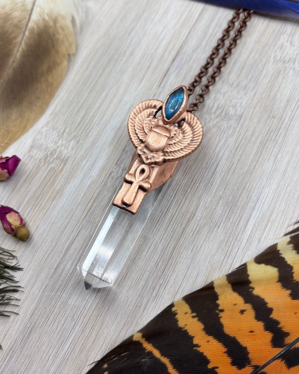 Egyptian Scarab / Ankh With Clear Quartz Point & Labradorite - Copper Electroformed