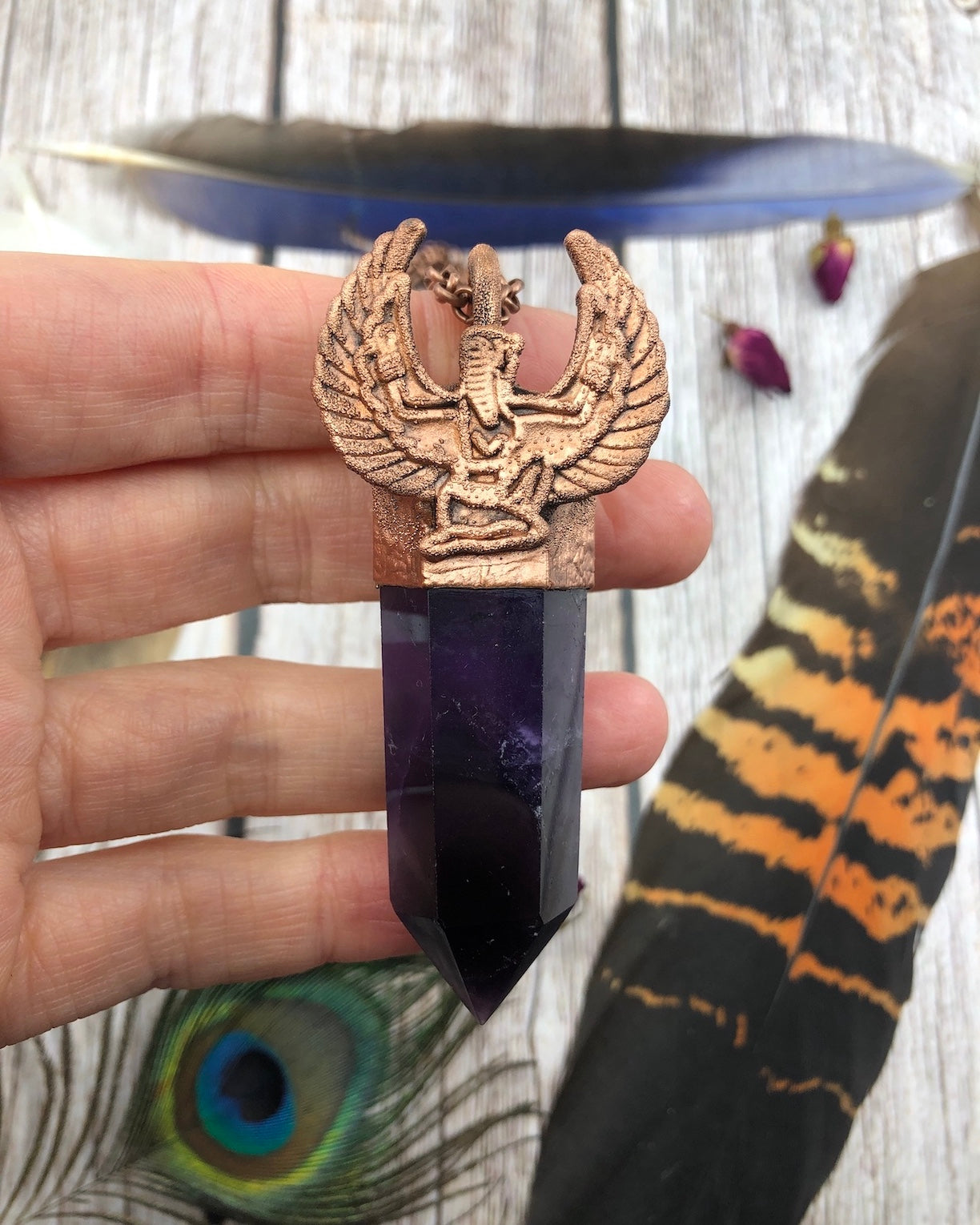 Egyptian Goddess Copper Pendant with a Chunky Amethyst Point Crystal, electroformed