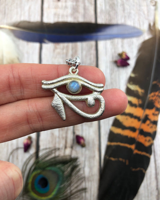 Silver Eye Of Horus Necklace with a rainbow moonstone eye