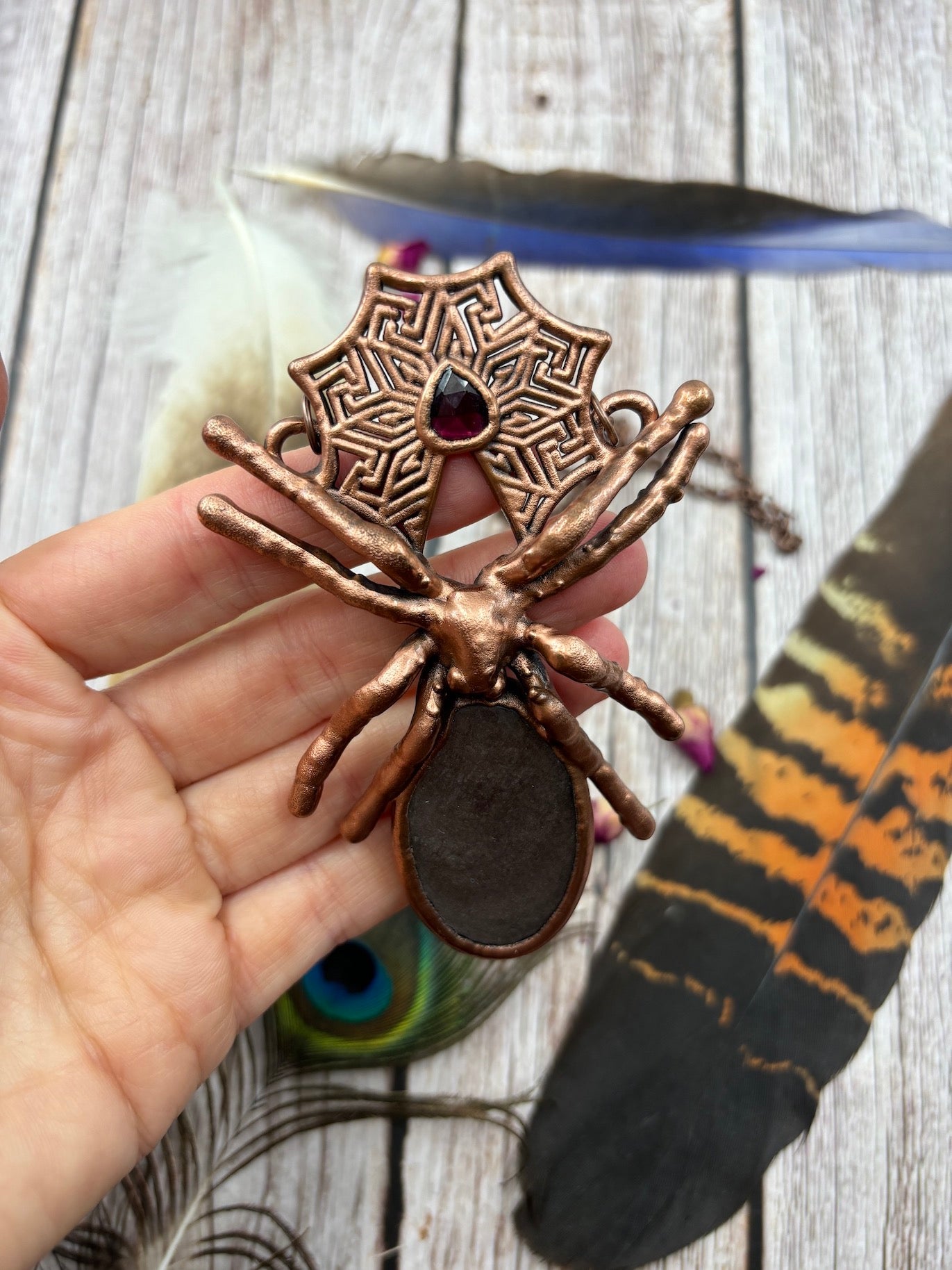 REAL Spider Necklace with Silver Sheen Obsidian & Faceted Garnet - electroformed