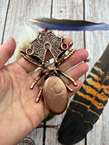 REAL Spider Necklace with Silver Sheen Obsidian & Faceted Garnet - electroformed