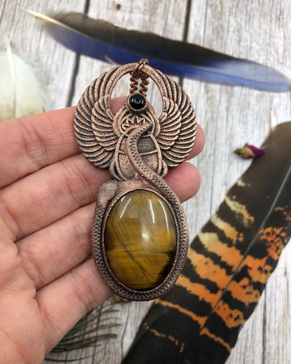 Egyptian scarab Copper Pendant with a sculpted snake wrapped around it, featuring a big tiger eye and small agate, electroformed