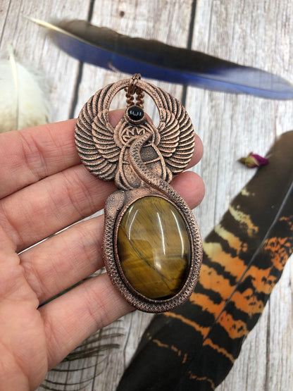 Egyptian scarab Copper Pendant with a sculpted snake wrapped around it, featuring a big tiger eye and small agate, electroformed