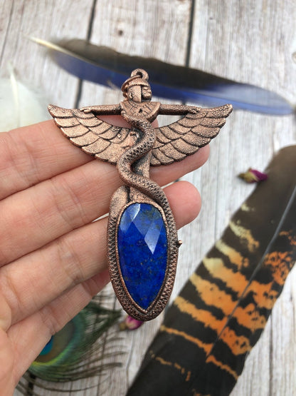 Egyptian Goddess with a snake wrapped around her, Copper Pendant with a faceted lapis lazuli, electroformed