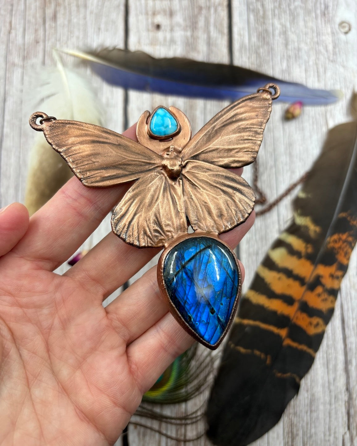 REAL Monarch Butterfly Necklace with Blue Labradorite & Kingman Turquoise - Electroformed