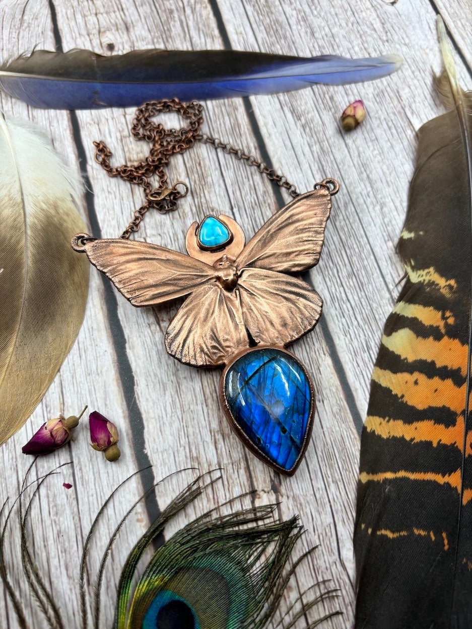 REAL Monarch Butterfly Necklace with Blue Labradorite & Kingman Turquoise - Electroformed