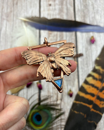 Real Butterfly necklace with labradorite & triangle backing, copper electroformed jewellery