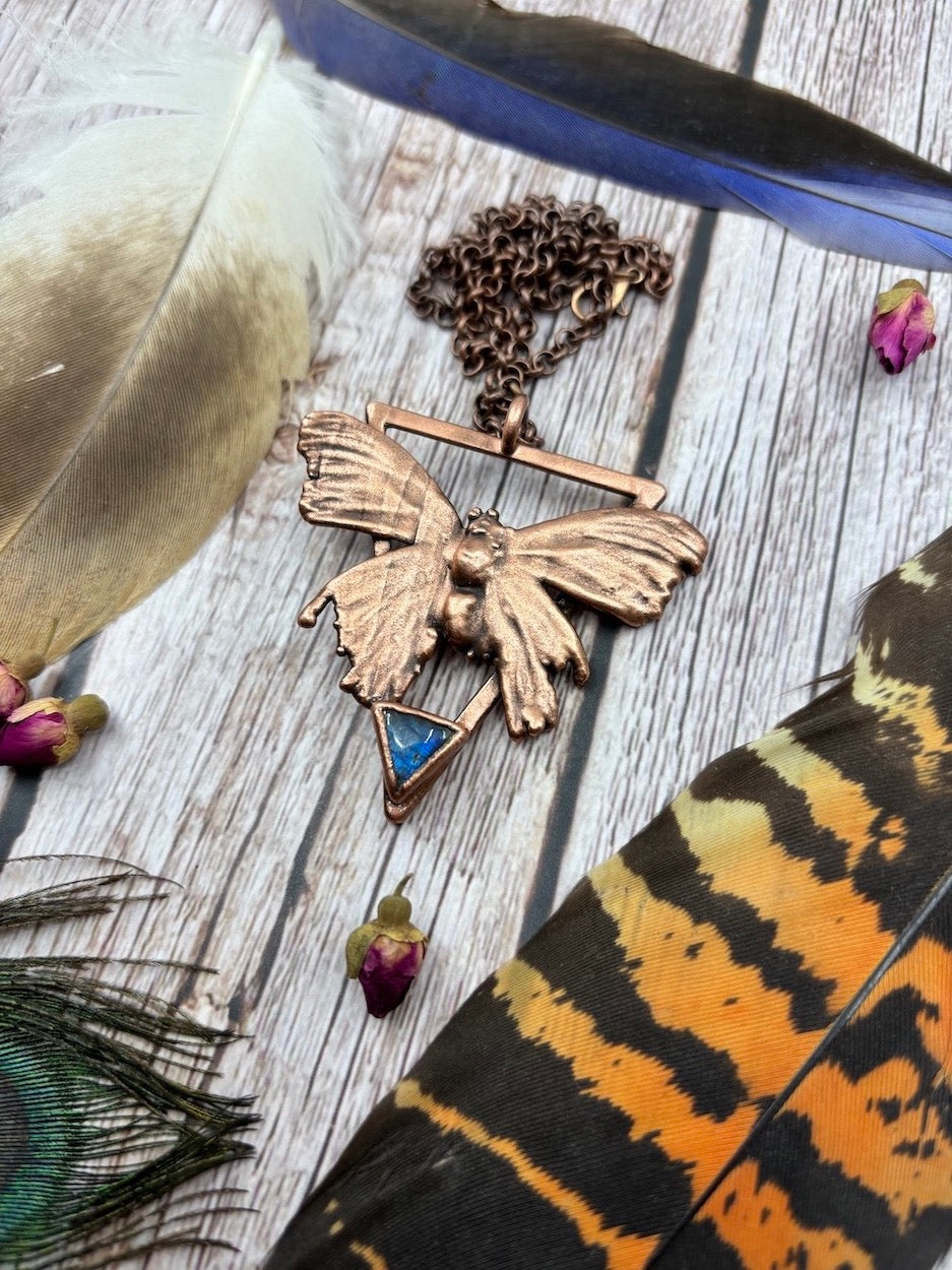 Real Butterfly necklace with labradorite & triangle backing, copper electroformed jewellery