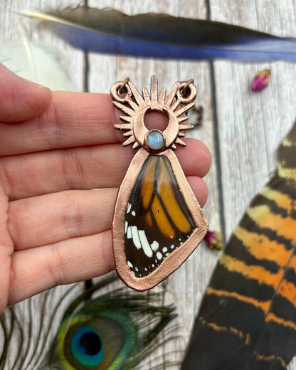 Monarch Butterfly wing necklace with rainbow moonstone, copper electroformed jewellery