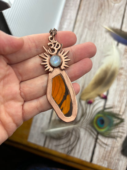 REAL Butterfly Wing Pendant with Rainbow Moonstone - Electroformed