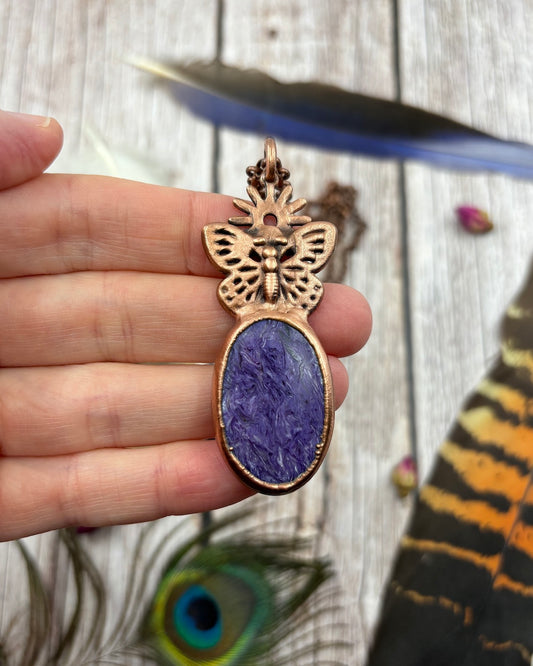 Butterfly necklace with Charoite, copper electroformed jewellery