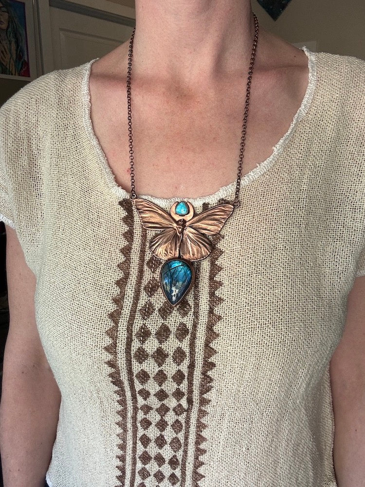 REAL Monarch Butterfly Necklace with Blue Labradorite & Kingman Turquoise - Electroformed