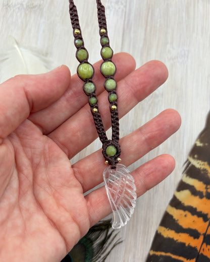 Clear Quartz Angel Wing Macrame Necklace