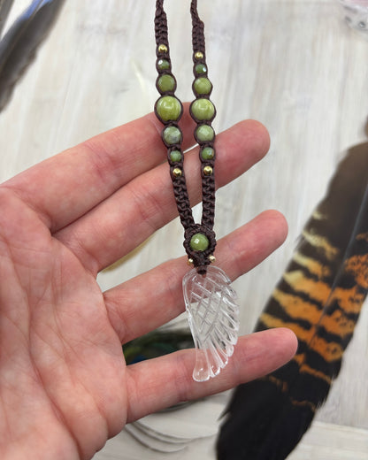 Clear Quartz Angel Wing Macrame Necklace