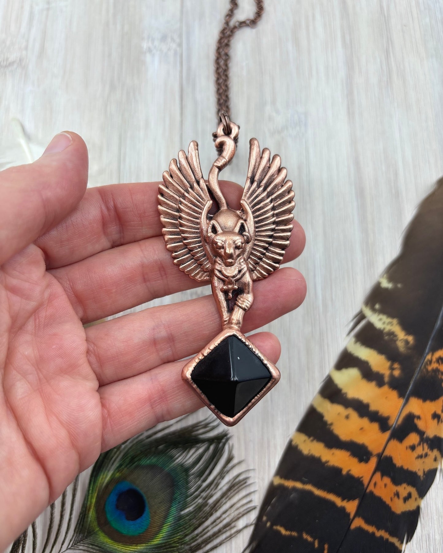 Black Obsidian Pyramid Bastet Egyptian Pendant - Made To Order