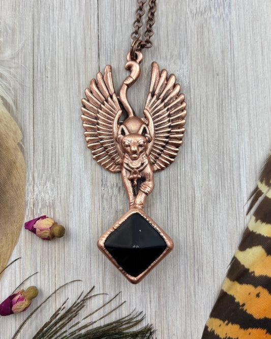 Black Obsidian Pyramid Bastet Egyptian Pendant - Made To Order