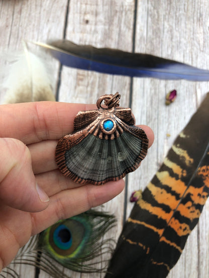 Scallop Sea Shell Necklace with Blue Labradorite - Copper Electroformed