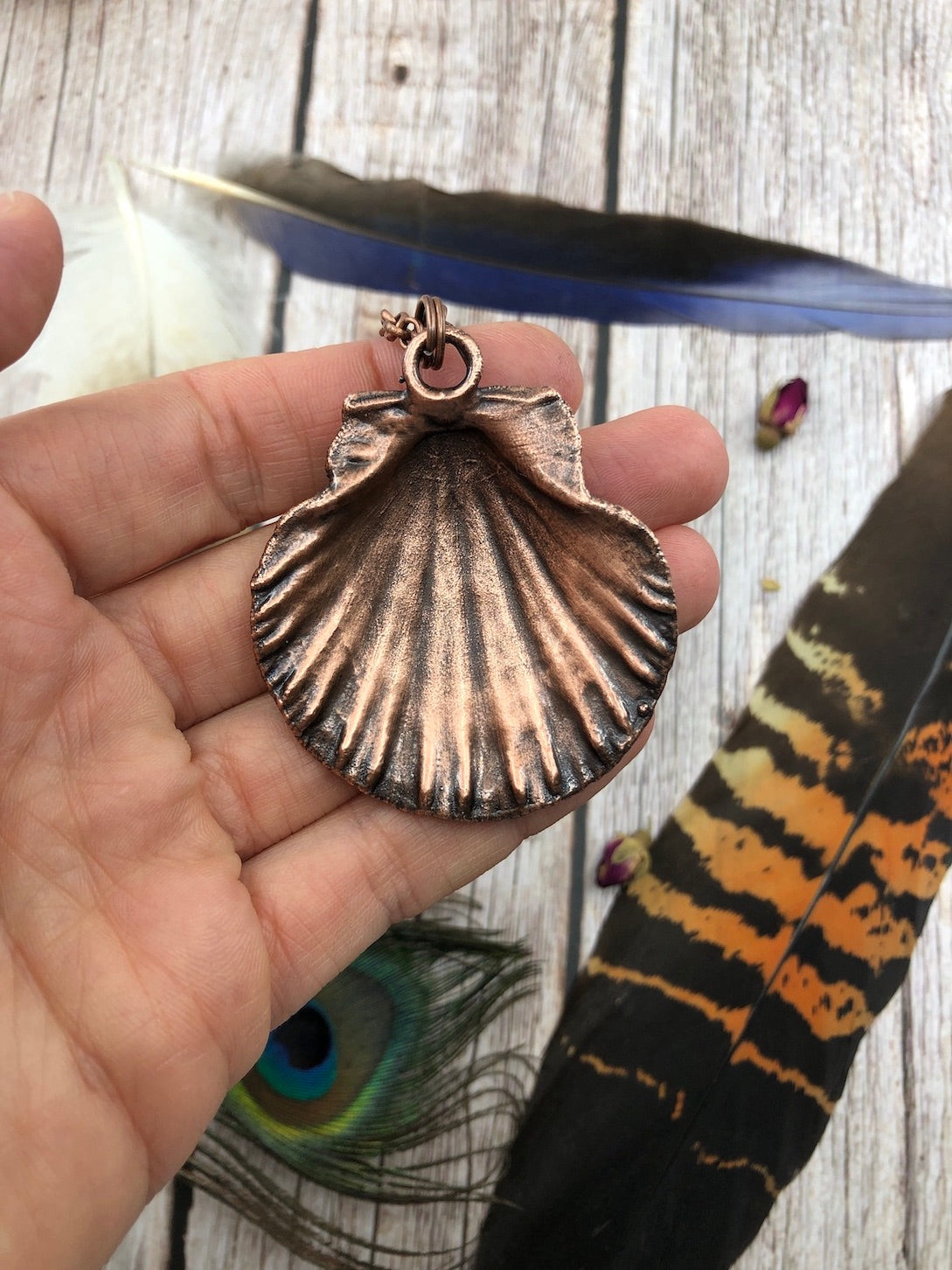 Scallop Sea Shell Necklace with Blue Labradorite - Copper Electroformed