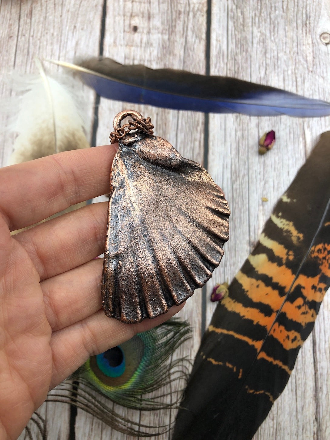 Sea Shell Necklace with Rainbow Moonstone - Copper Electroformed