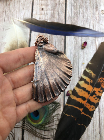 Sea Shell Necklace with Rainbow Moonstone - Copper Electroformed