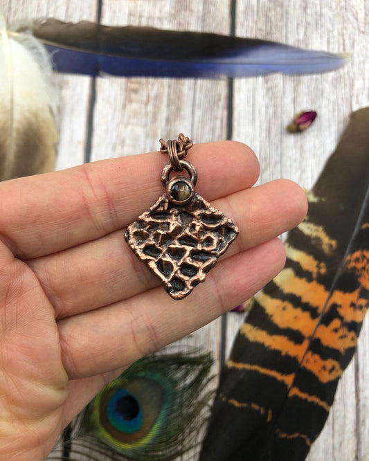 real snake skin with copper on top and tiger eye, copper electroformed pendant