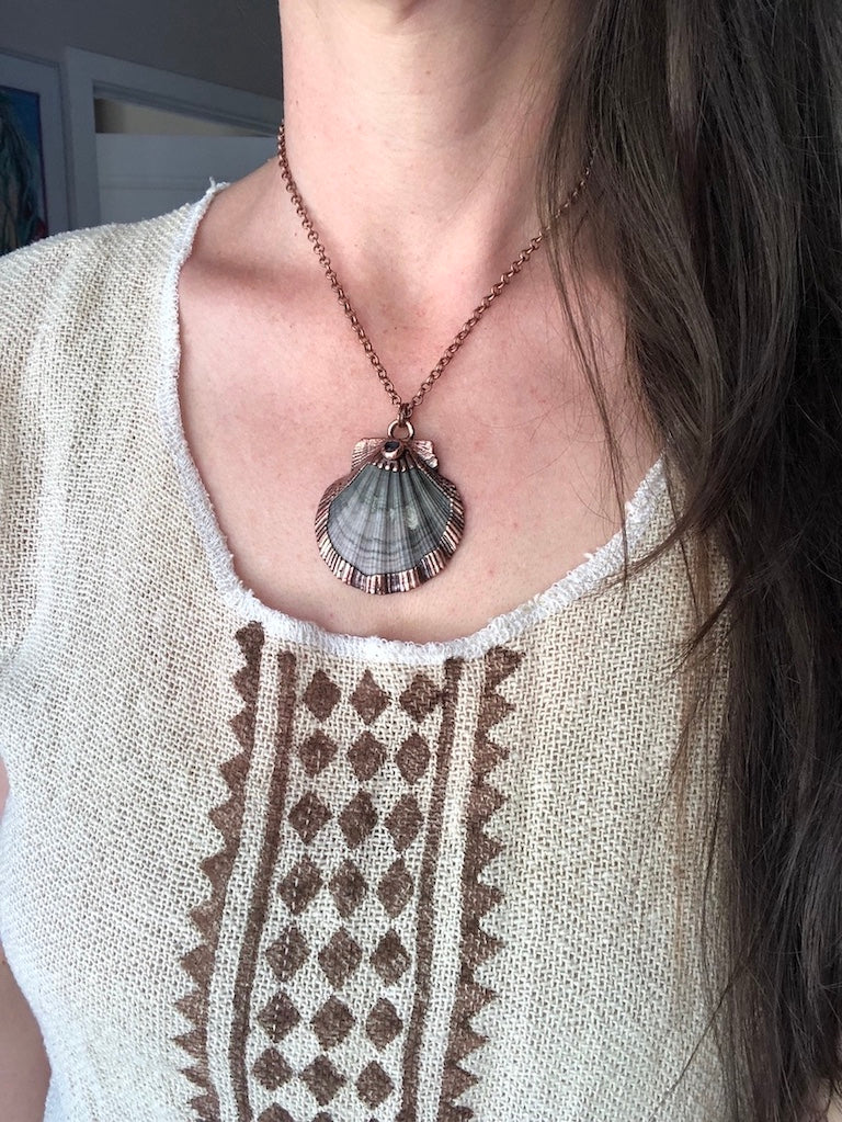 Scallop Sea Shell Necklace with Blue Labradorite - Copper Electroformed