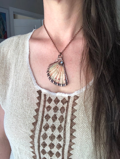 Sea Shell Necklace with Rainbow Moonstone - Copper Electroformed