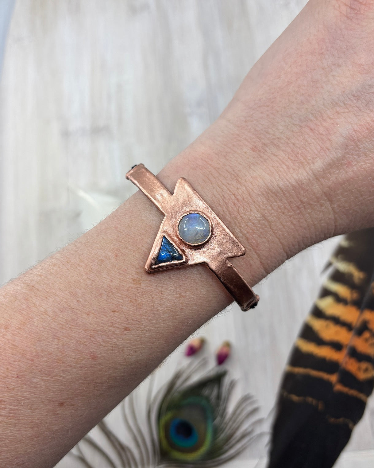 Labradorite / Rainbow Moonstone Triangle Copper Bracelet